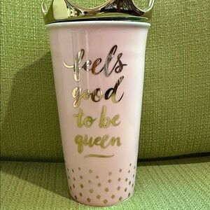 Hallmark Pink Ceramic Tumbler with Gold Script 'Feels Good to Be Queen'